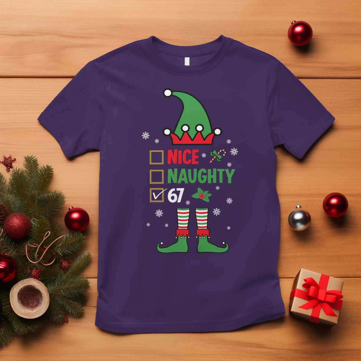 67 Christmas T Shirt Funny Six Seven Meme Brainrot Nice Naughty 6 7 Elf Custome - Wonder Print Shop