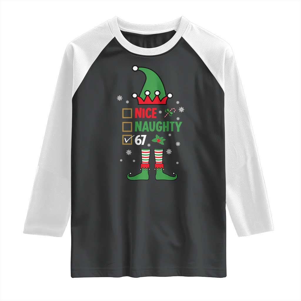 67 Christmas Raglan Shirt Funny Six Seven Meme Brainrot Nice Naughty 6 7 Elf Custome - Wonder Print Shop