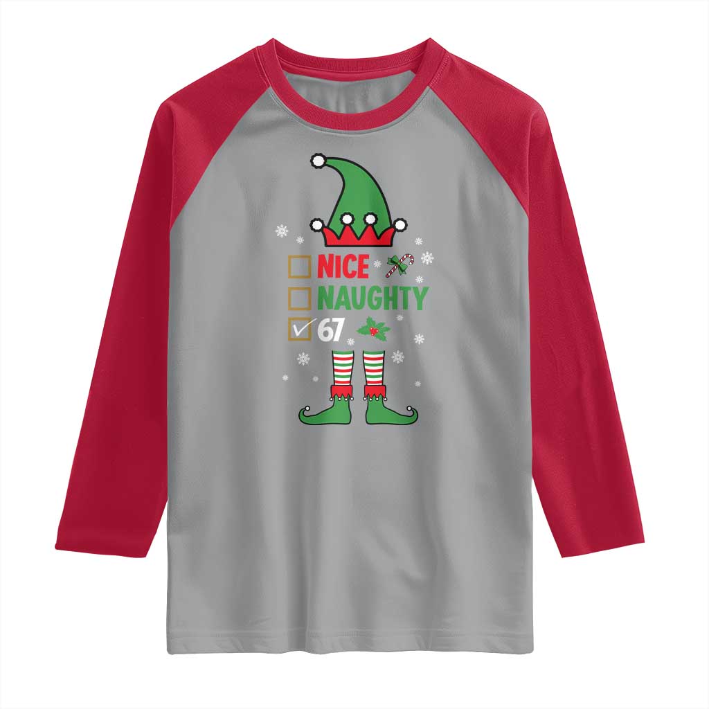 67 Christmas Raglan Shirt Funny Six Seven Meme Brainrot Nice Naughty 6 7 Elf Custome - Wonder Print Shop