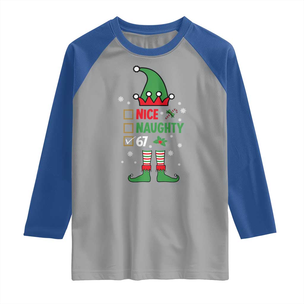67 Christmas Raglan Shirt Funny Six Seven Meme Brainrot Nice Naughty 6 7 Elf Custome - Wonder Print Shop
