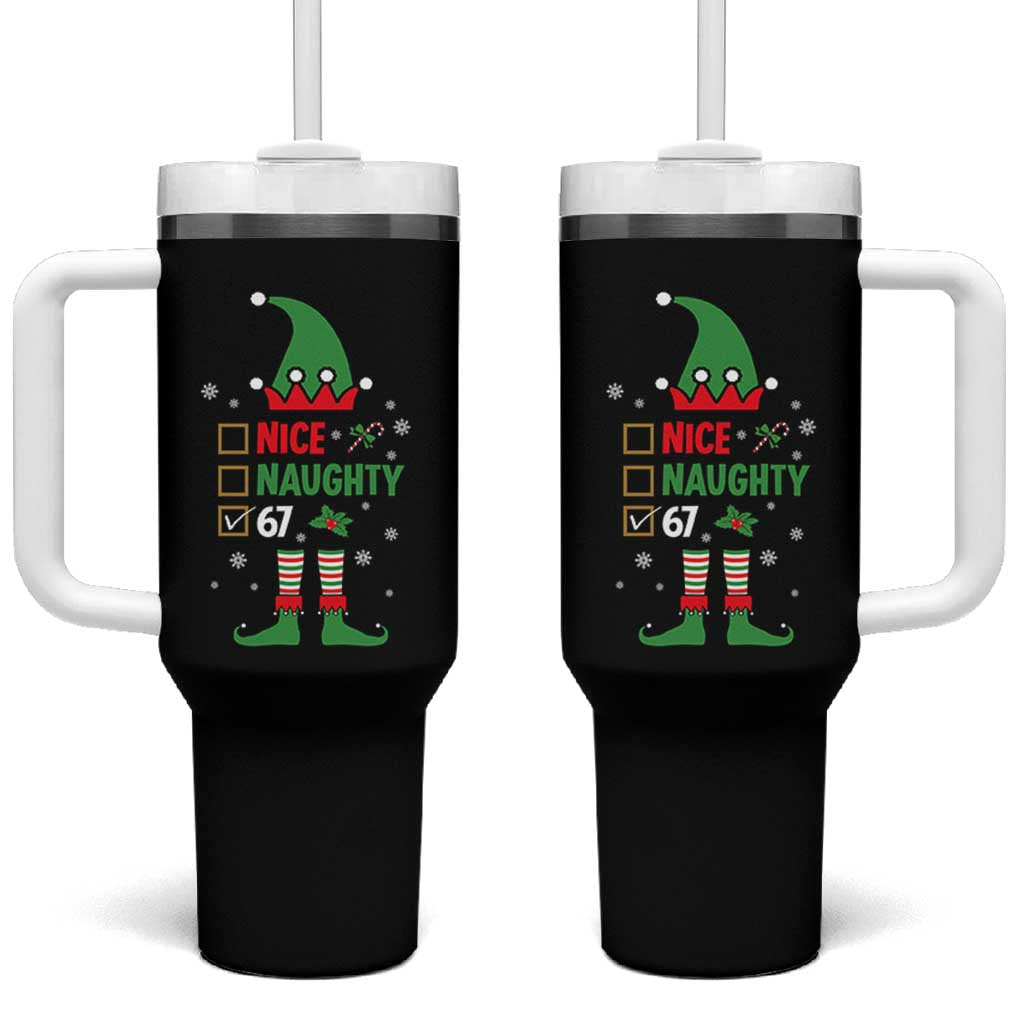 67 Christmas Tumbler With Handle Funny Six Seven Meme Brainrot Nice Naughty 6 7 Elf Custome - Wonder Print Shop