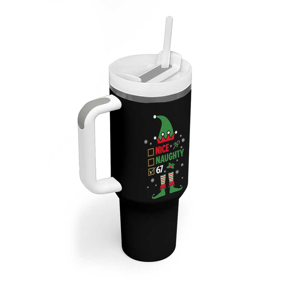 67 Christmas Tumbler With Handle Funny Six Seven Meme Brainrot Nice Naughty 6 7 Elf Custome - Wonder Print Shop