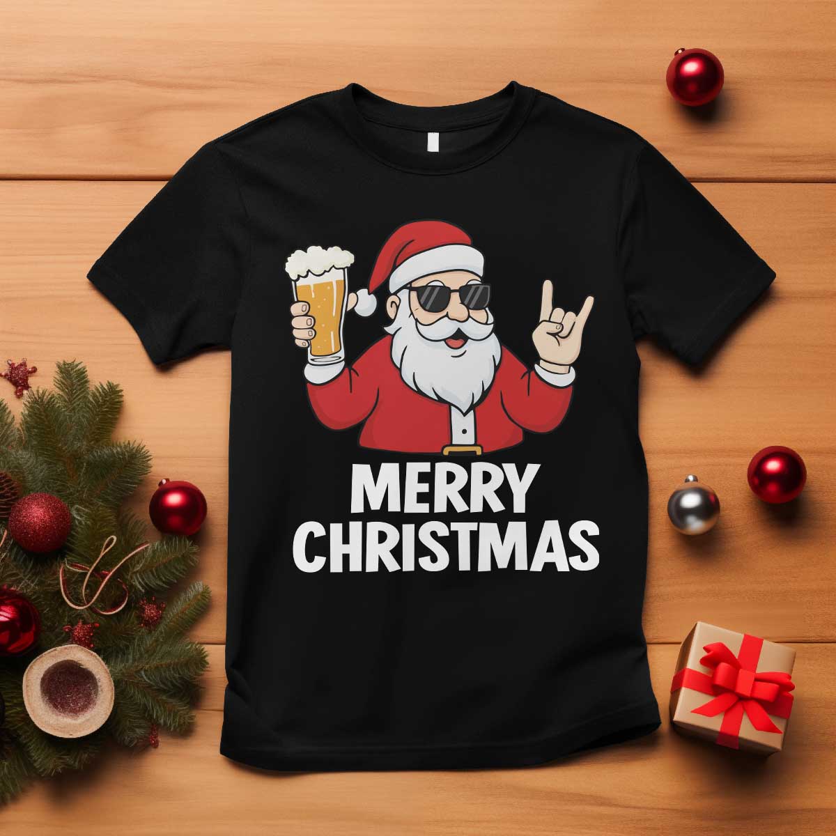 Merry Christmas Funny Santa Drinking Beer T Shirt - Wonder Print Shop