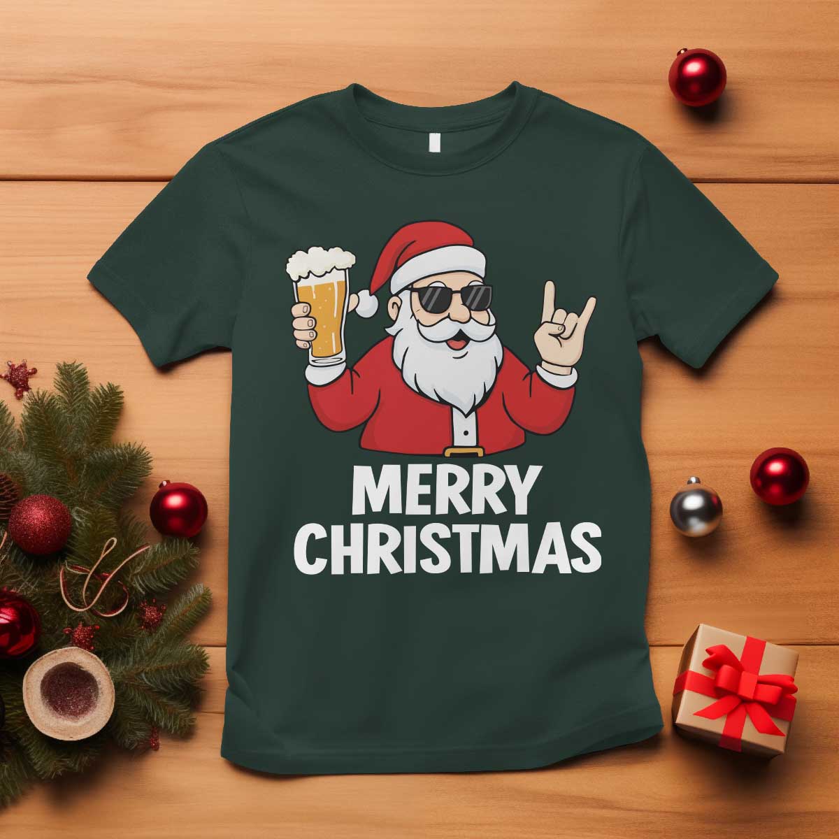 Merry Christmas Funny Santa Drinking Beer T Shirt - Wonder Print Shop