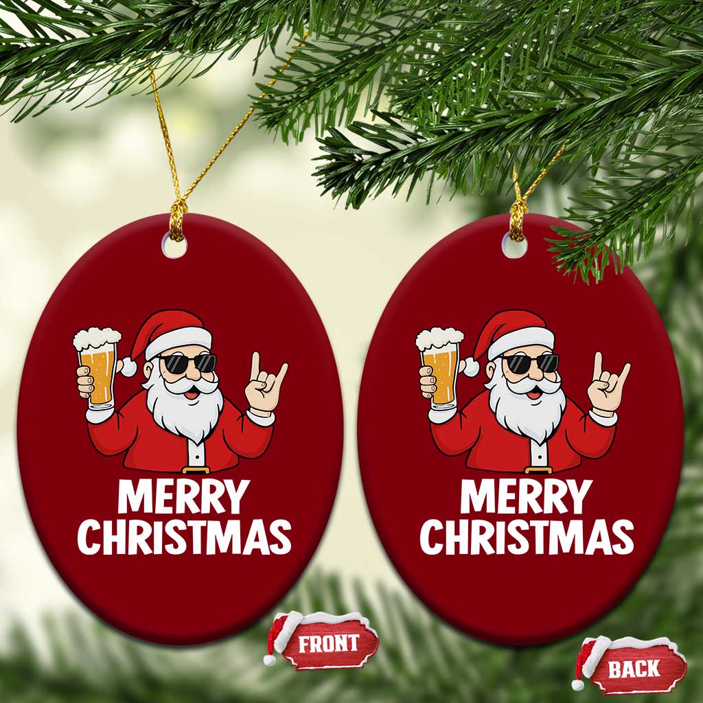 Merry Christmas Funny Santa Drinking Beer Ceramic Ornament - Wonder Print Shop
