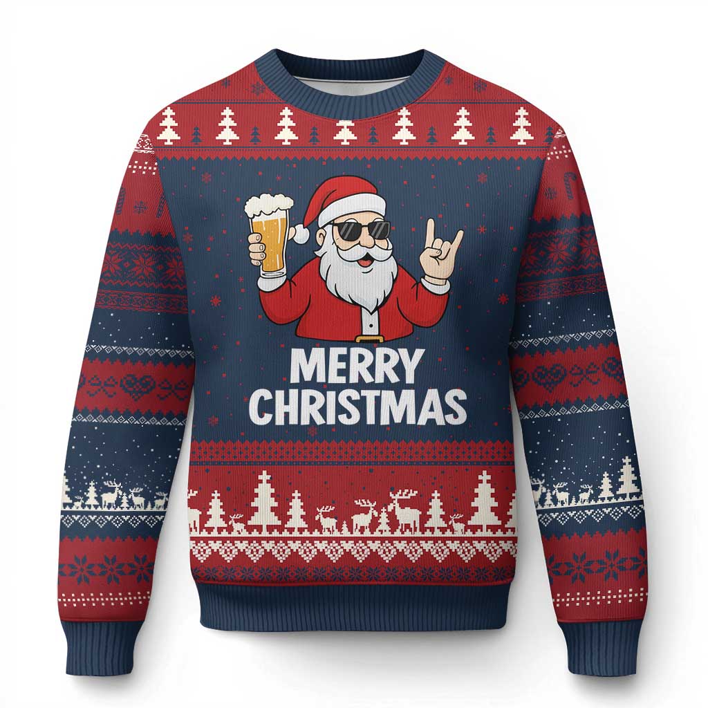 Merry Xmas Funny Santa Drinking Beer Ugly Christmas Sweater - Wonder Print Shop