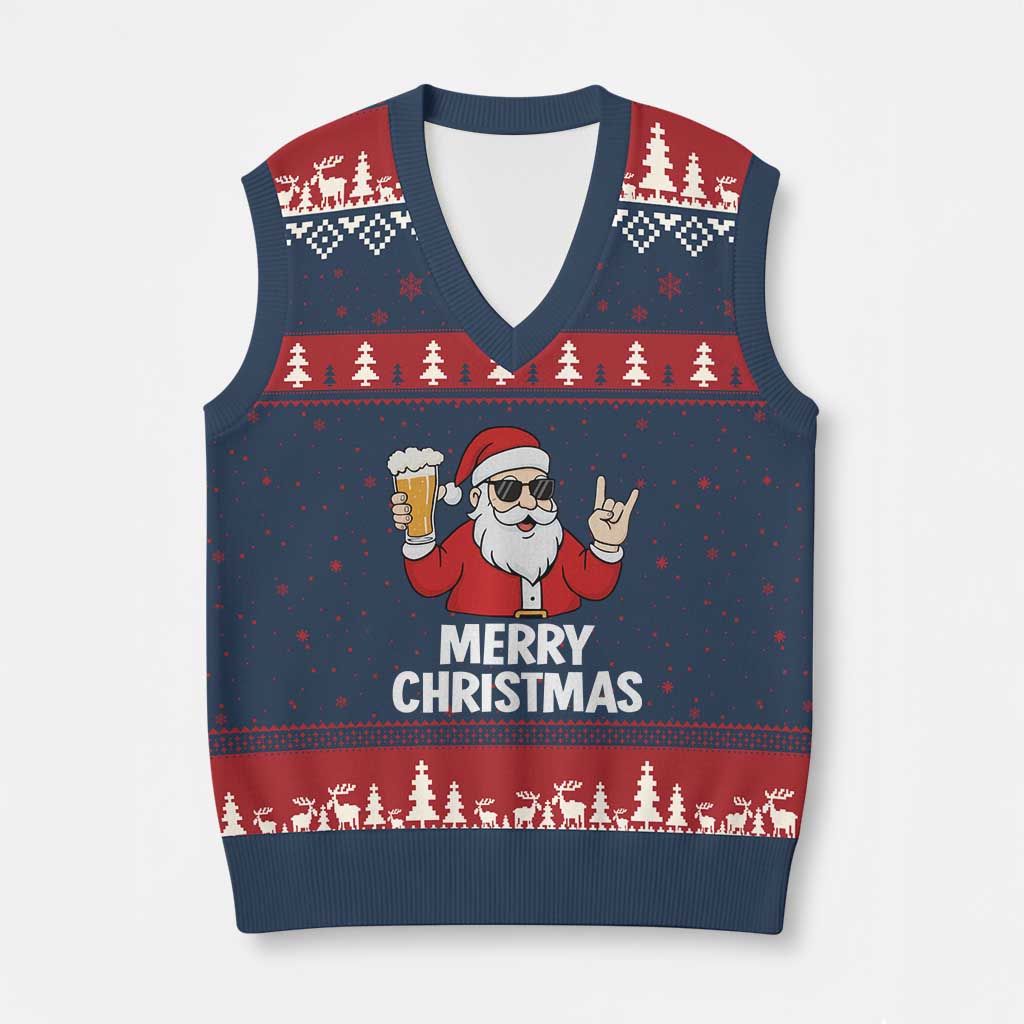 Merry Xmas Funny Santa Drinking Beer V-Neck Knit Sweater Vest - Wonder Print Shop