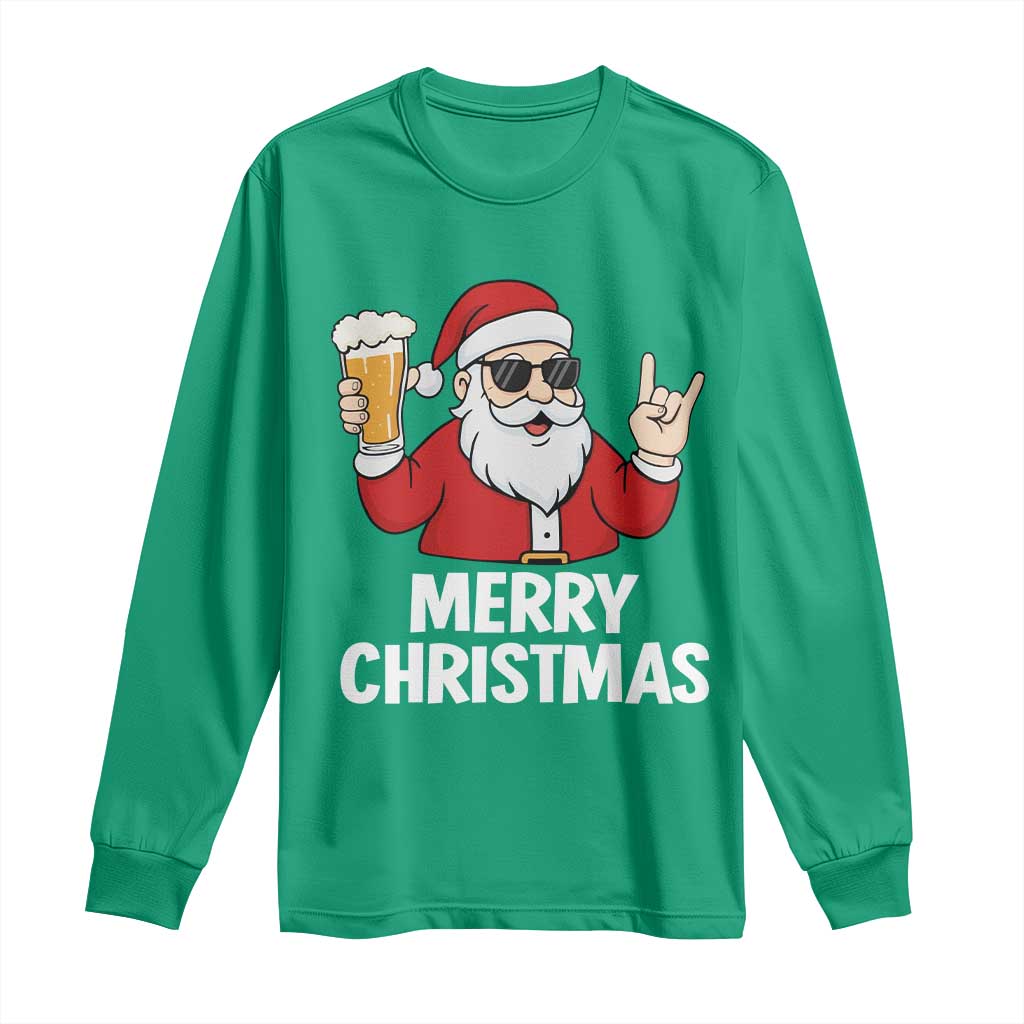 Merry Christmas Funny Santa Drinking Beer Long Sleeve Shirt - Wonder Print Shop