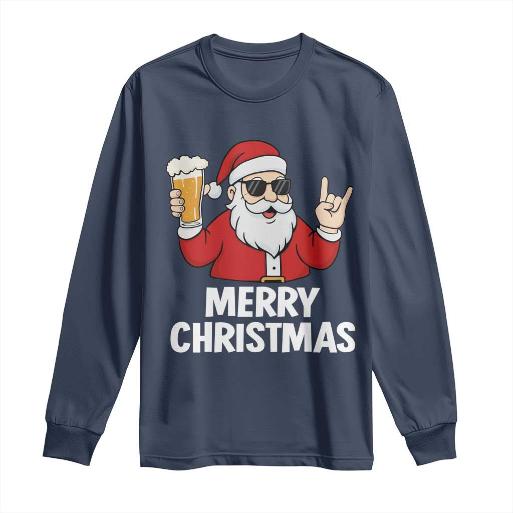 Merry Christmas Funny Santa Drinking Beer Long Sleeve Shirt - Wonder Print Shop
