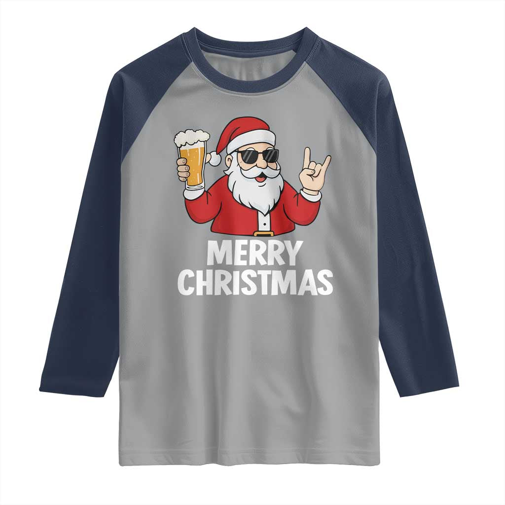 Merry Christmas Funny Santa Drinking Beer Raglan Shirt - Wonder Print Shop