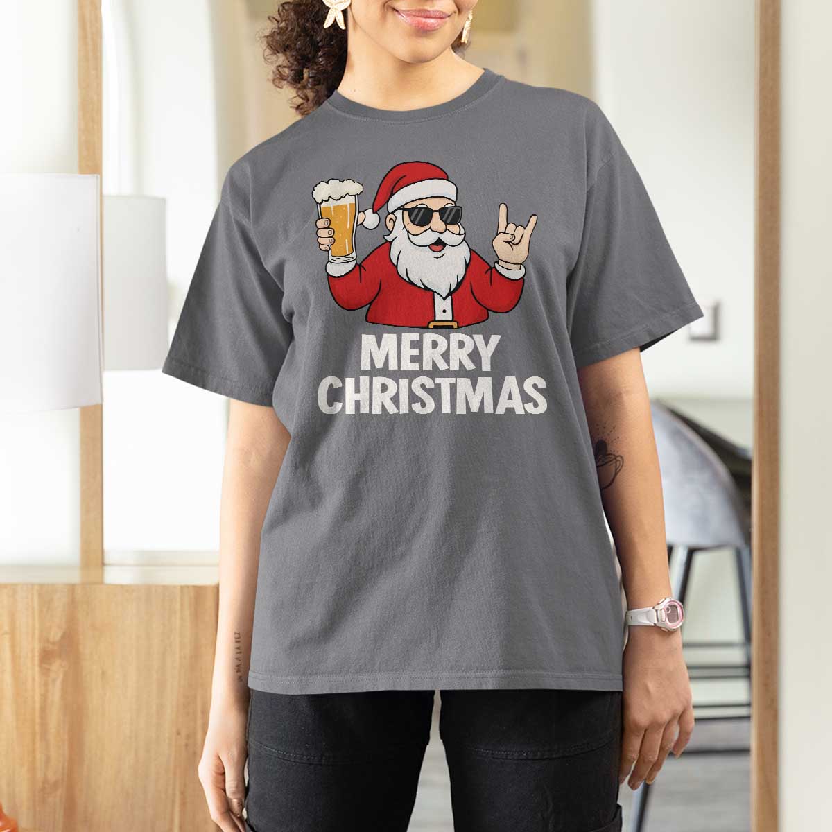 Merry Christmas Funny Santa Drinking Beer T Shirt For Women - Wonder Print Shop