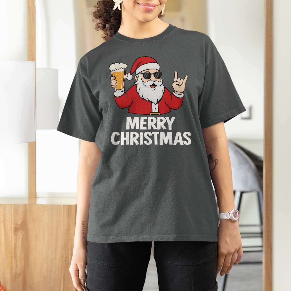 Merry Christmas Funny Santa Drinking Beer T Shirt For Women - Wonder Print Shop