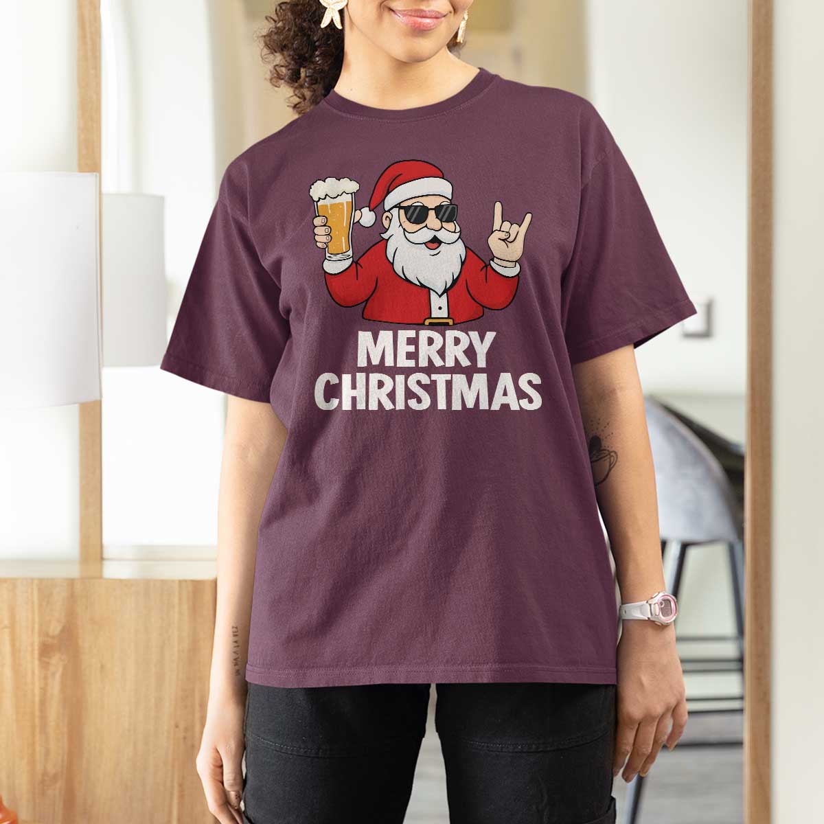Merry Christmas Funny Santa Drinking Beer T Shirt For Women - Wonder Print Shop