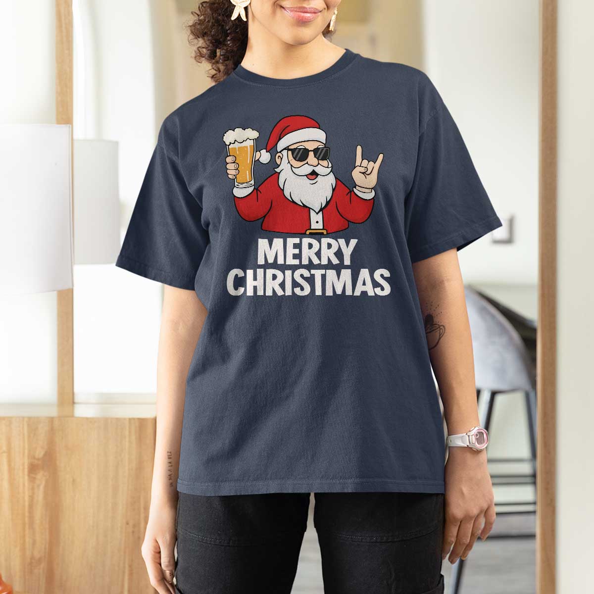 Merry Christmas Funny Santa Drinking Beer T Shirt For Women - Wonder Print Shop