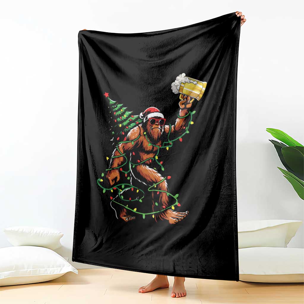 Santa Bigfoot Christmas Tree Throw Blanket Xmas Lights Funny Sasquatch Beer - Wonder Print Shop
