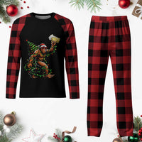 Santa Bigfoot Christmas Tree Plaid Pajama Set Xmas Lights Funny Sasquatch Beer - Wonder Print Shop