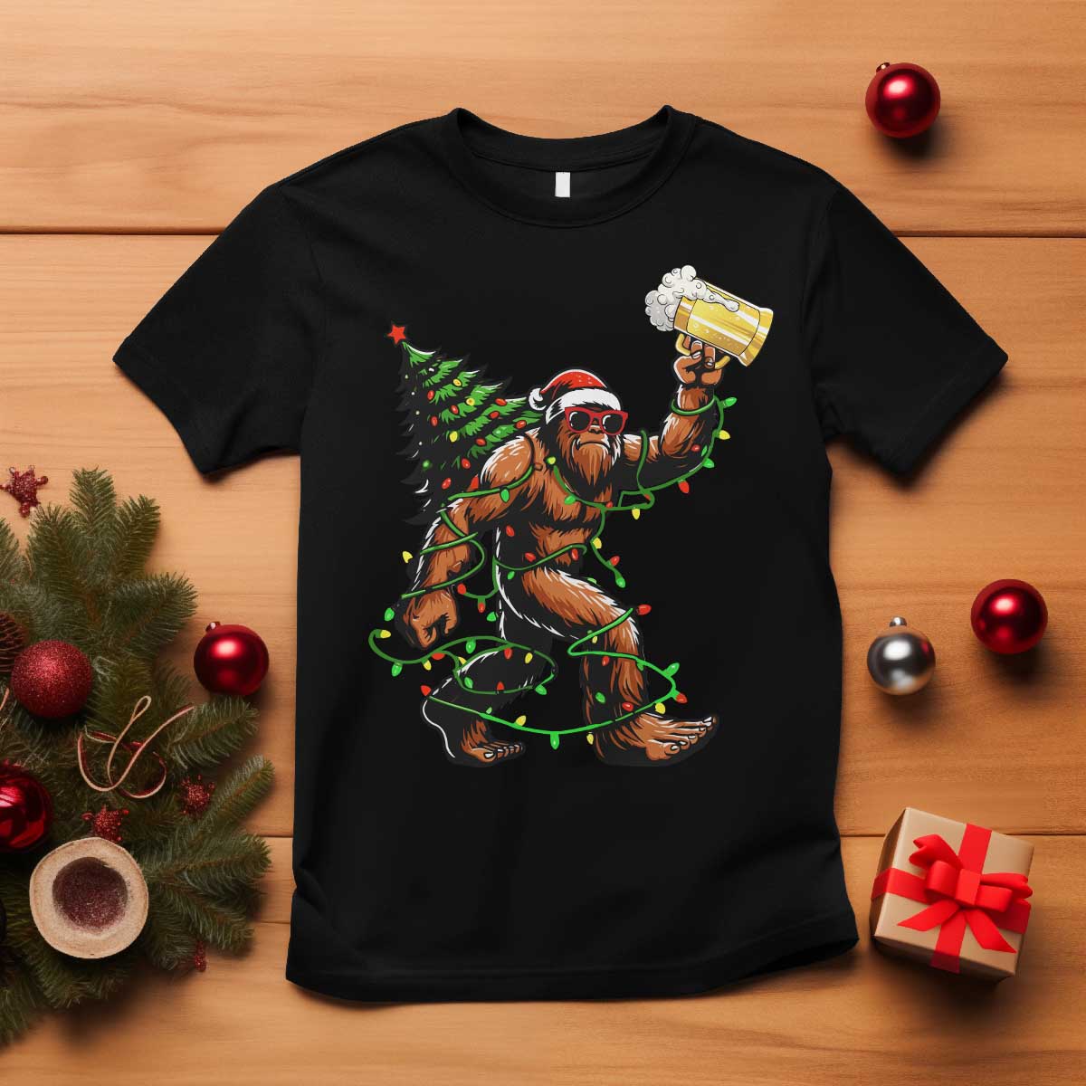 Santa Bigfoot Christmas Tree T Shirt Xmas Lights Funny Sasquatch Beer - Wonder Print Shop
