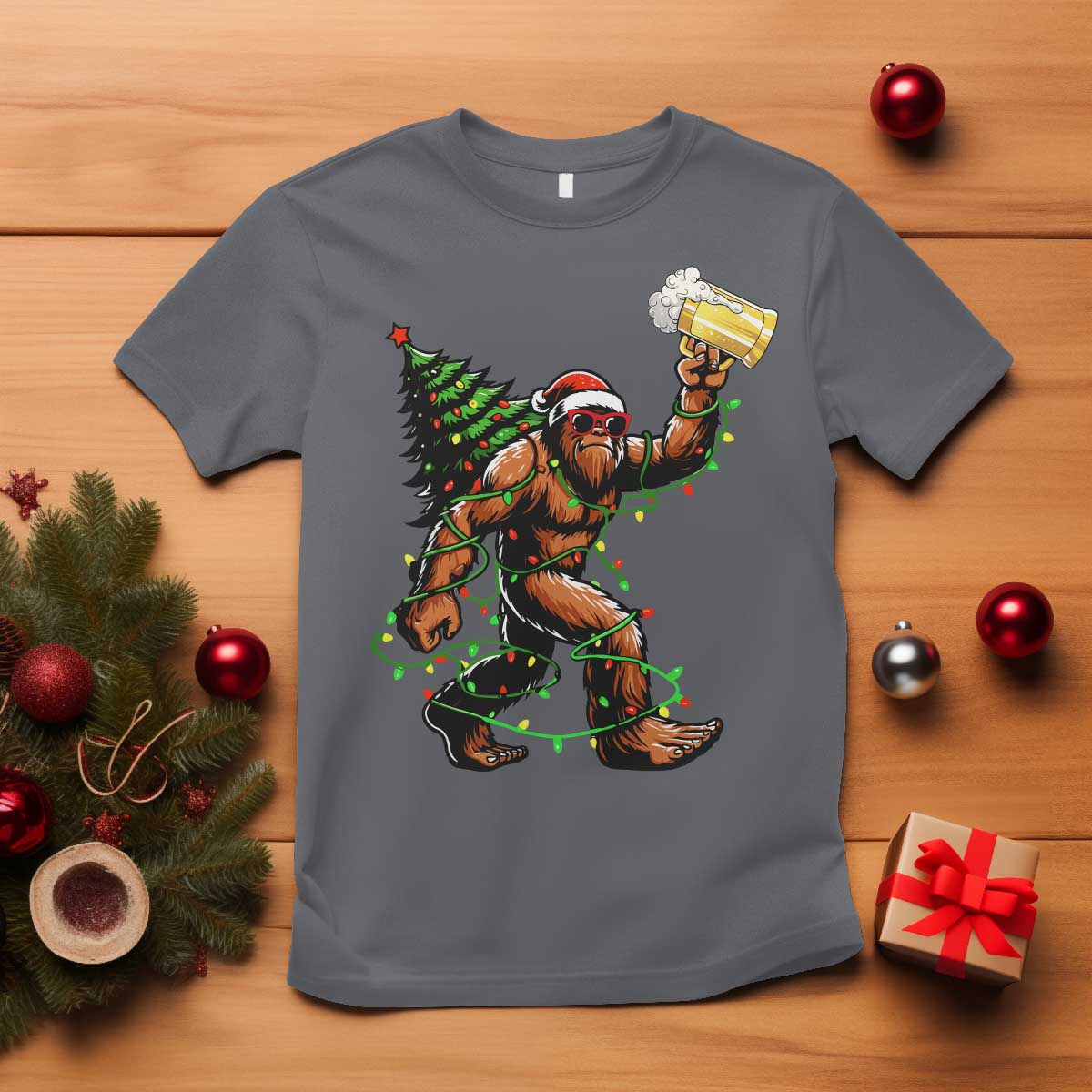 Santa Bigfoot Christmas Tree T Shirt Xmas Lights Funny Sasquatch Beer - Wonder Print Shop