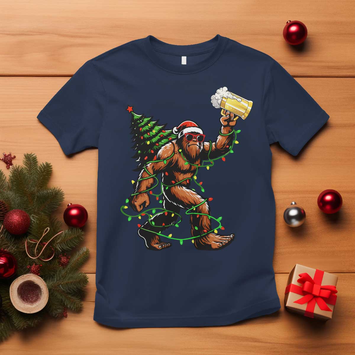 Santa Bigfoot Christmas Tree T Shirt Xmas Lights Funny Sasquatch Beer - Wonder Print Shop