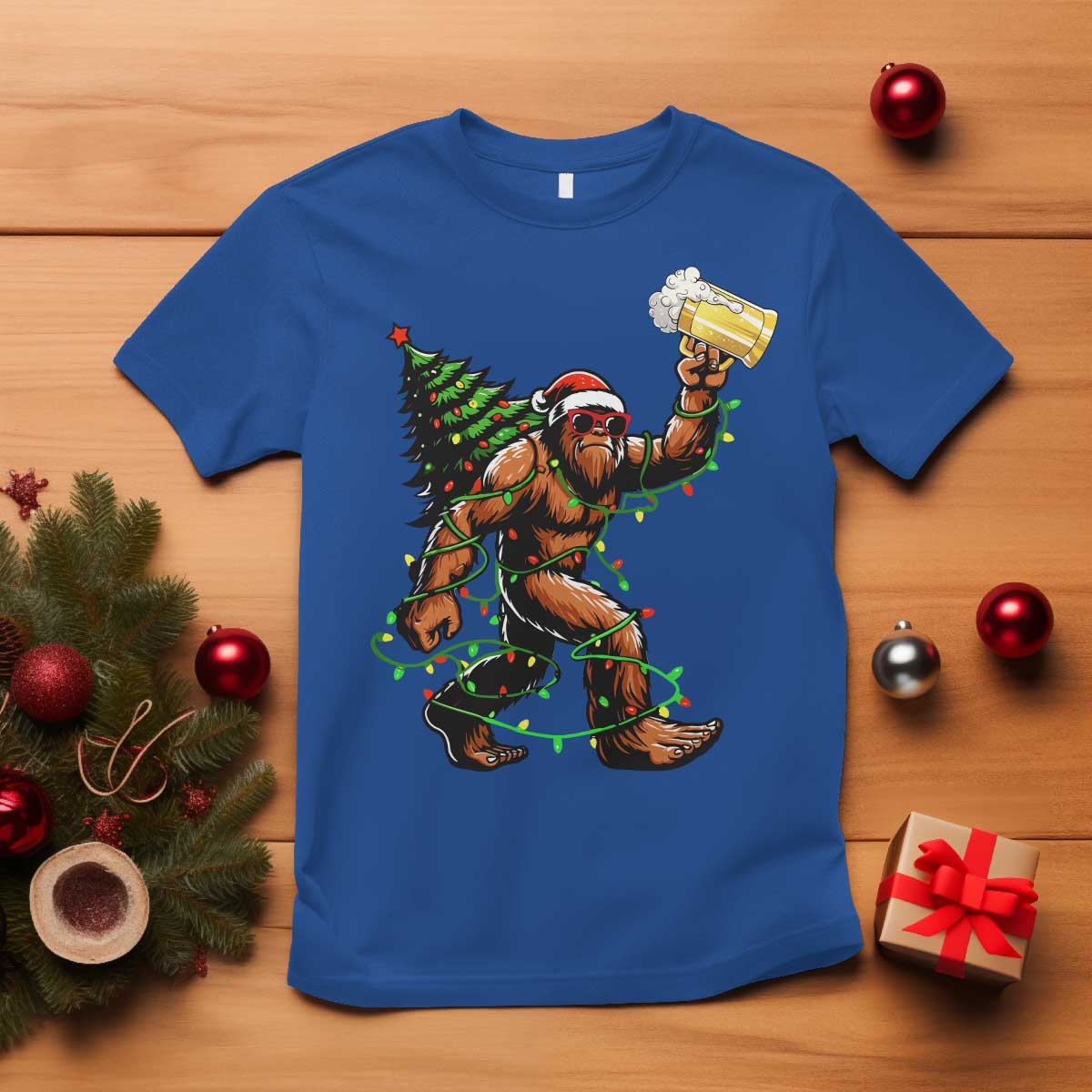 Santa Bigfoot Christmas Tree T Shirt Xmas Lights Funny Sasquatch Beer - Wonder Print Shop