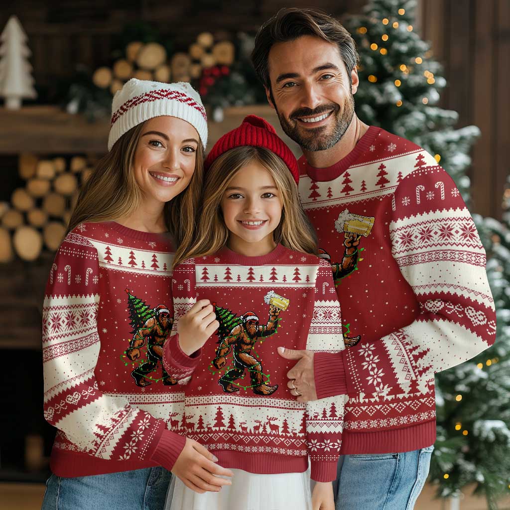 Santa Bigfoot Xmas Tree Ugly Christmas Sweater Xmas Lights Funny Sasquatch Beer - Wonder Print Shop