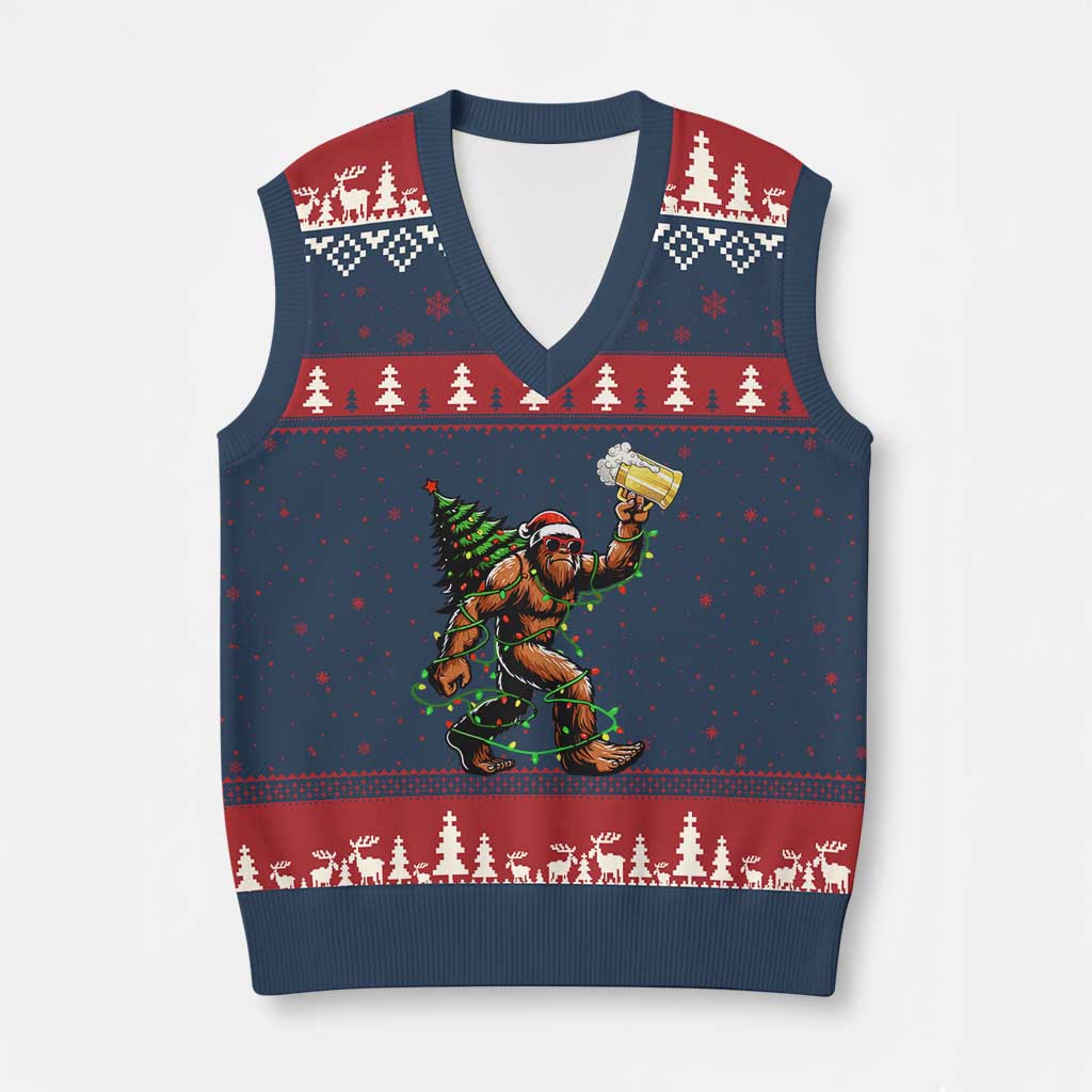Santa Bigfoot Xmas Tree V-Neck Knit Sweater Vest Xmas Lights Funny Sasquatch Beer - Wonder Print Shop
