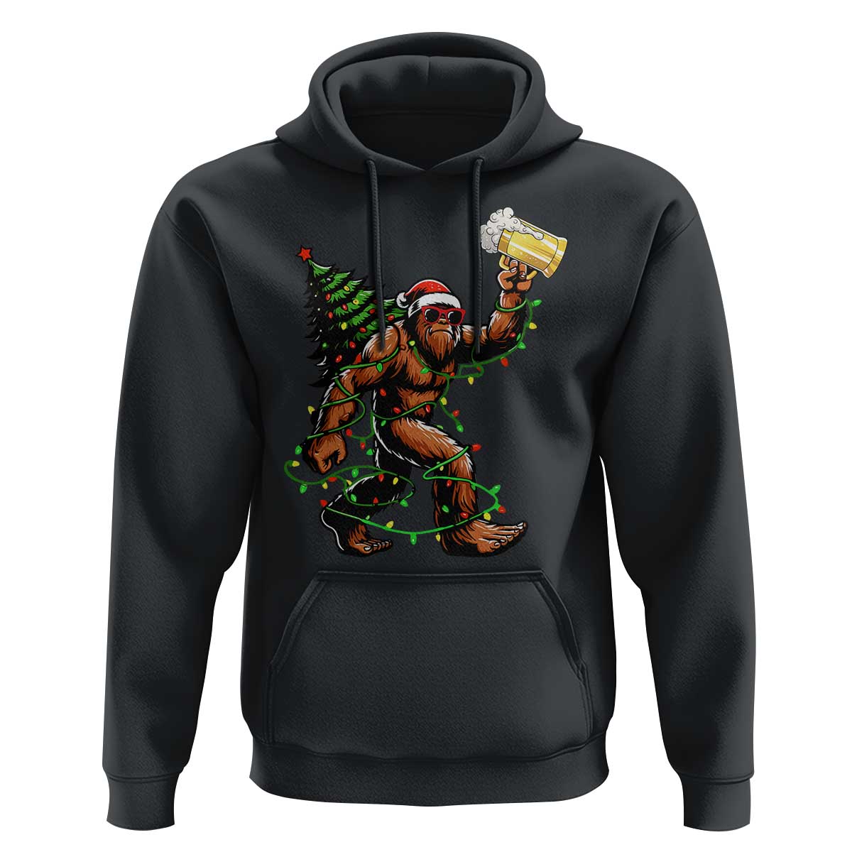 Santa Bigfoot Christmas Tree Hoodie Xmas Lights Funny Sasquatch Beer - Wonder Print Shop