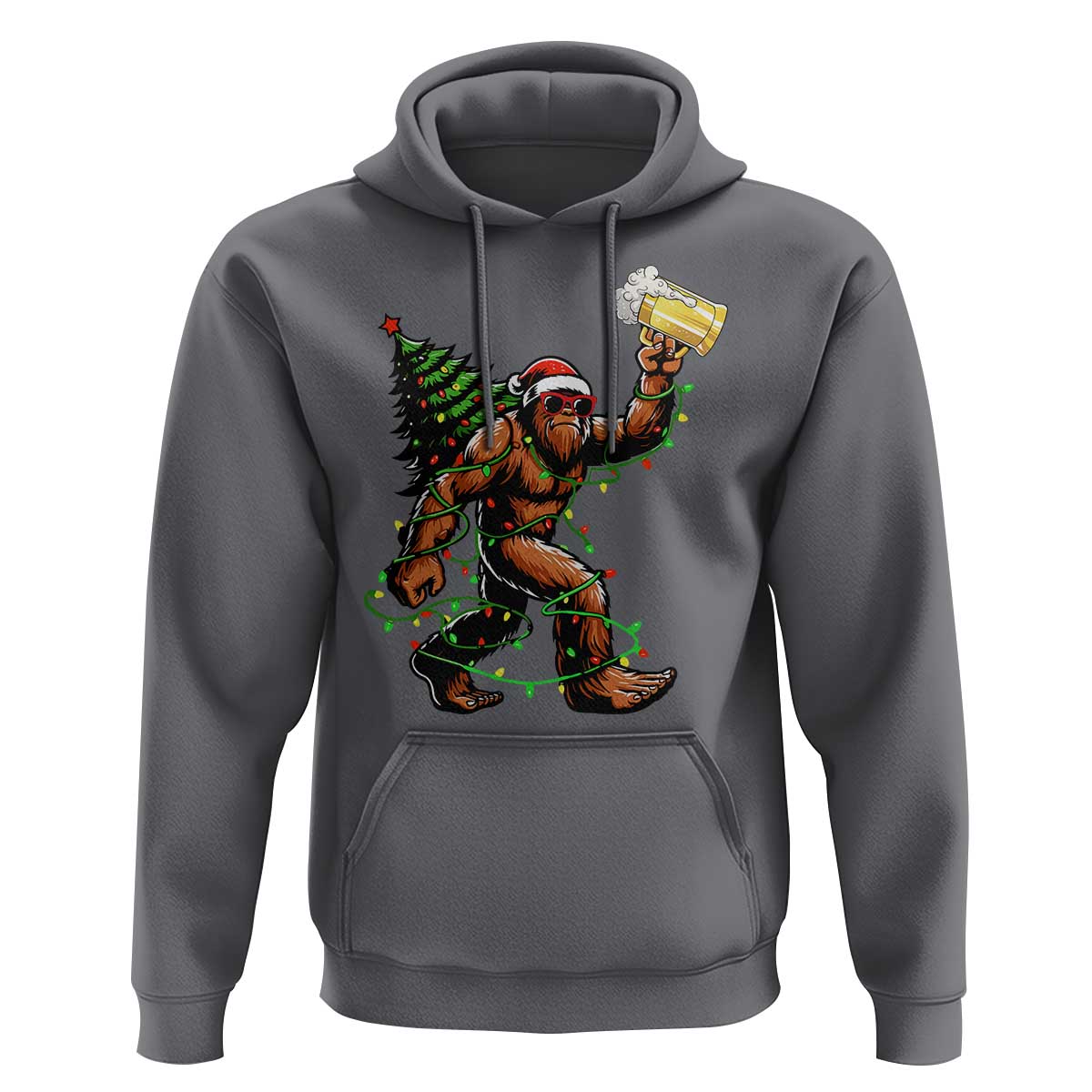 Santa Bigfoot Christmas Tree Hoodie Xmas Lights Funny Sasquatch Beer - Wonder Print Shop