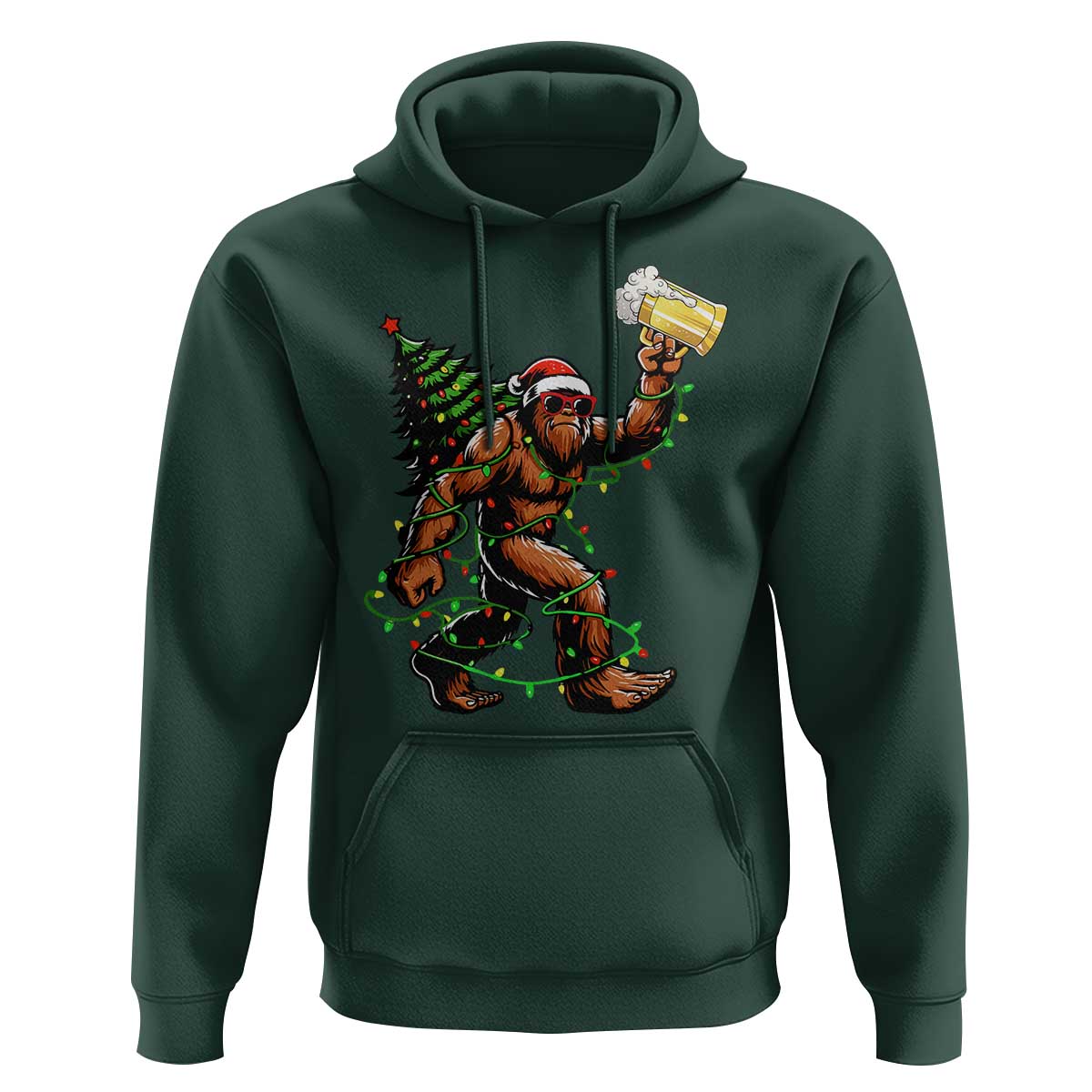 Santa Bigfoot Christmas Tree Hoodie Xmas Lights Funny Sasquatch Beer - Wonder Print Shop