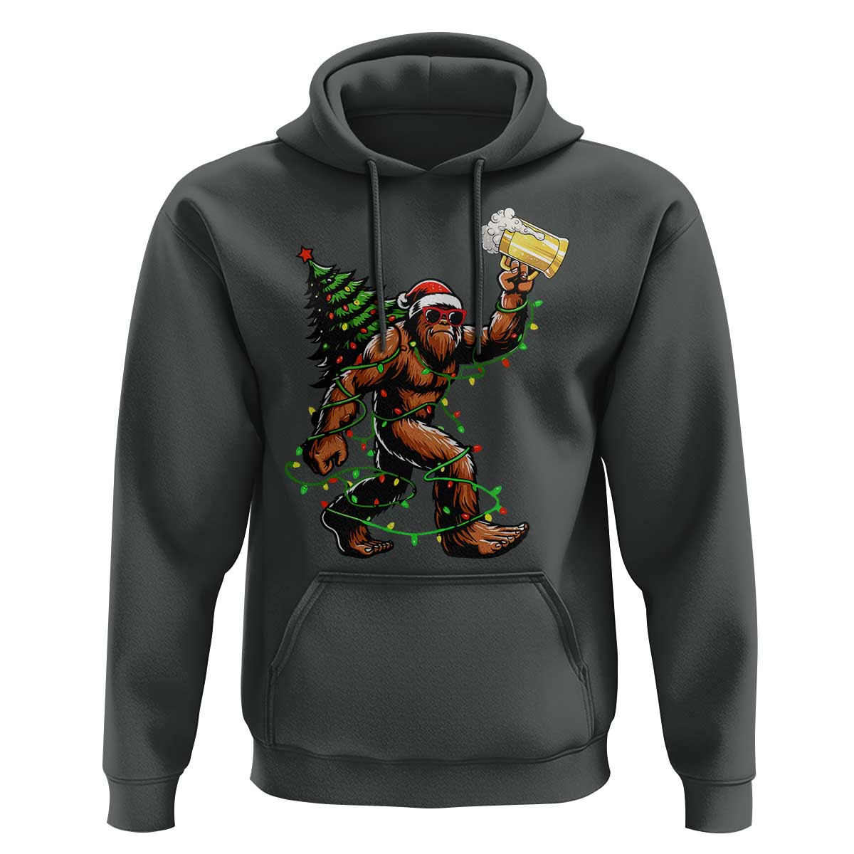 Santa Bigfoot Christmas Tree Hoodie Xmas Lights Funny Sasquatch Beer - Wonder Print Shop