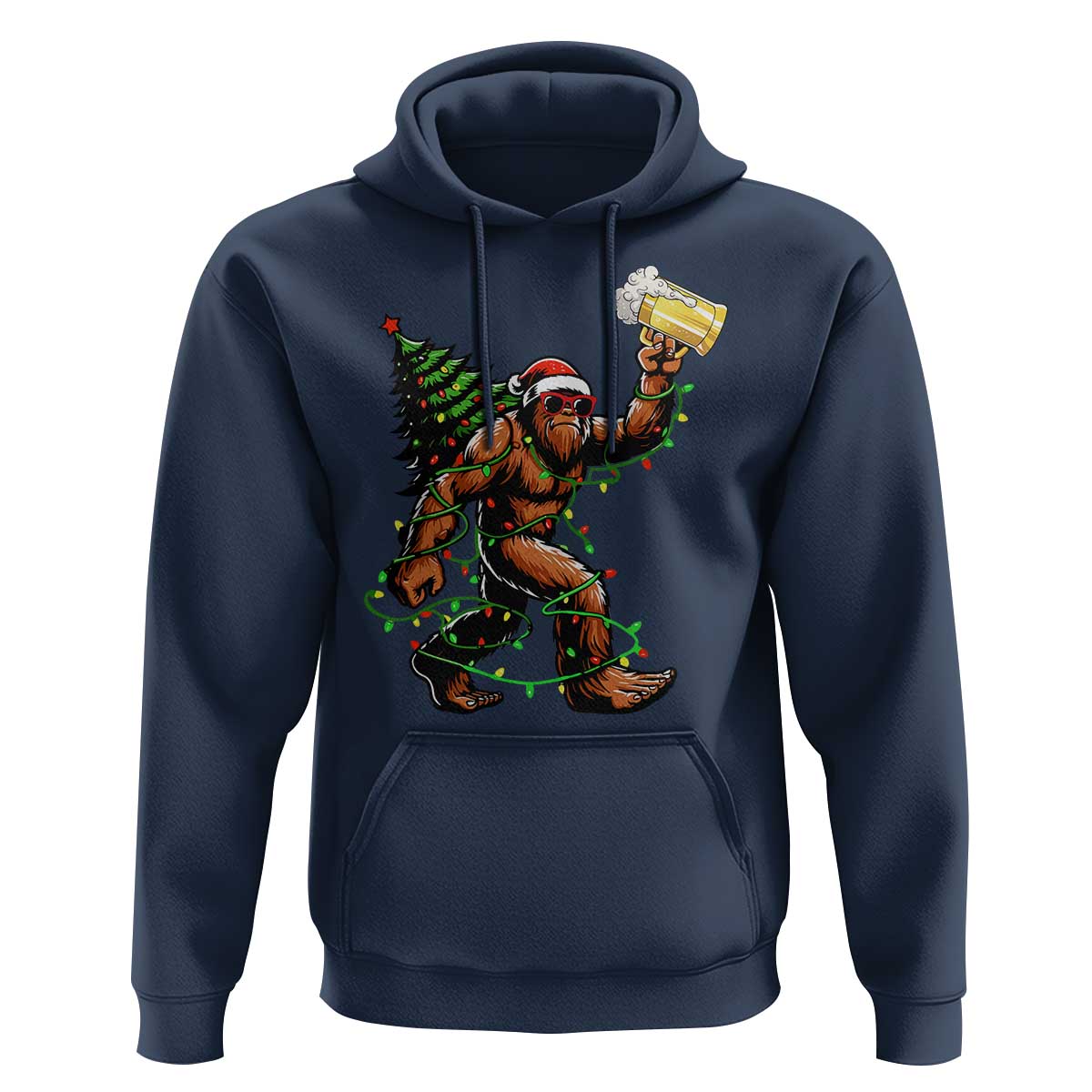 Santa Bigfoot Christmas Tree Hoodie Xmas Lights Funny Sasquatch Beer - Wonder Print Shop