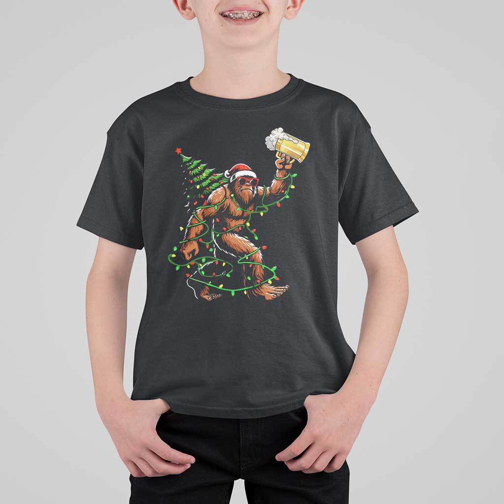 Santa Bigfoot Christmas Tree T Shirt For Kid Xmas Lights Funny Sasquatch Beer - Wonder Print Shop