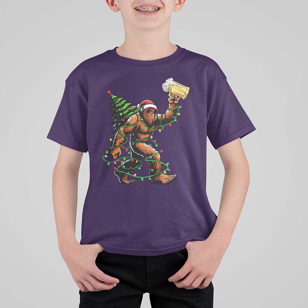 Santa Bigfoot Christmas Tree T Shirt For Kid Xmas Lights Funny Sasquatch Beer - Wonder Print Shop