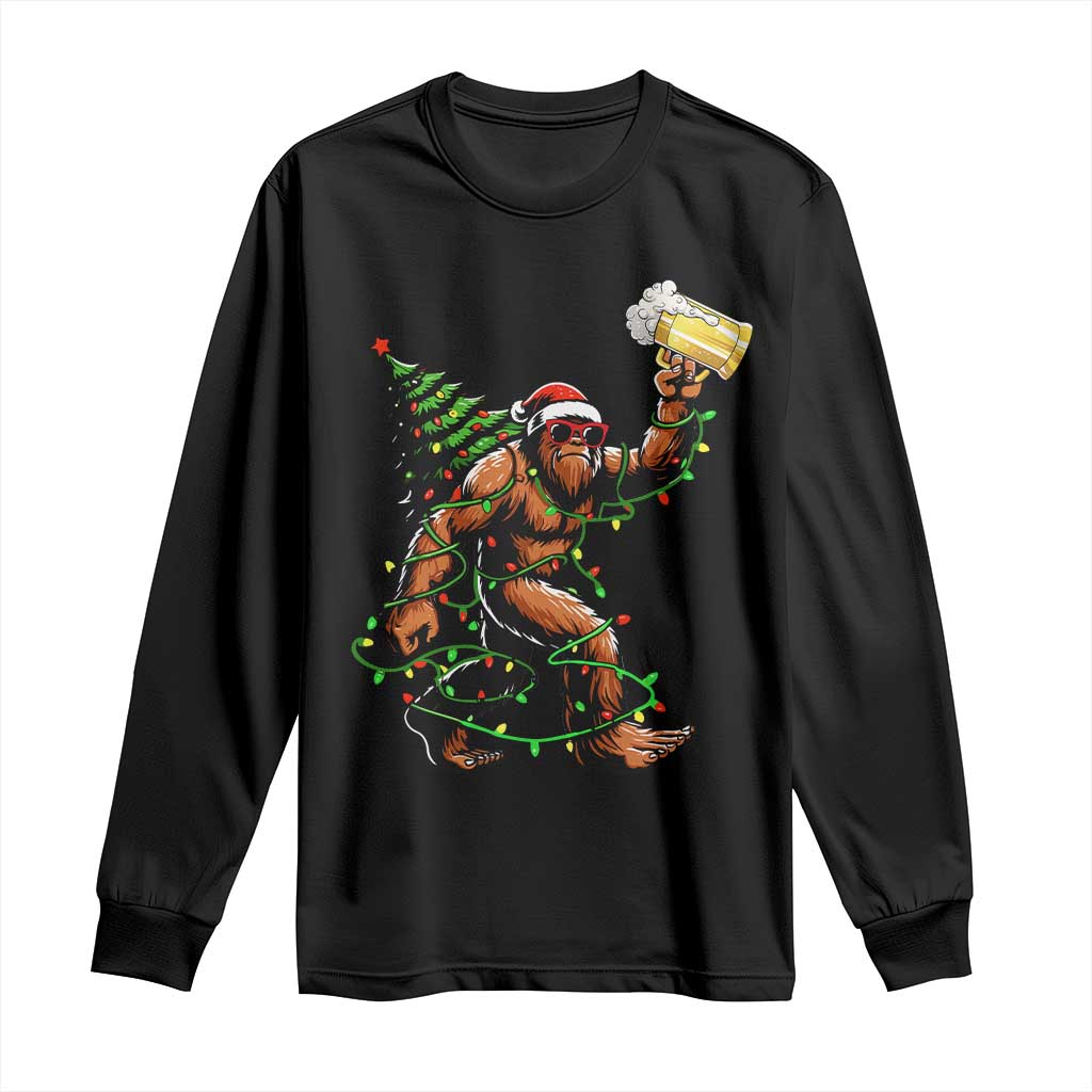 Santa Bigfoot Christmas Tree Long Sleeve Shirt Xmas Lights Funny Sasquatch Beer - Wonder Print Shop