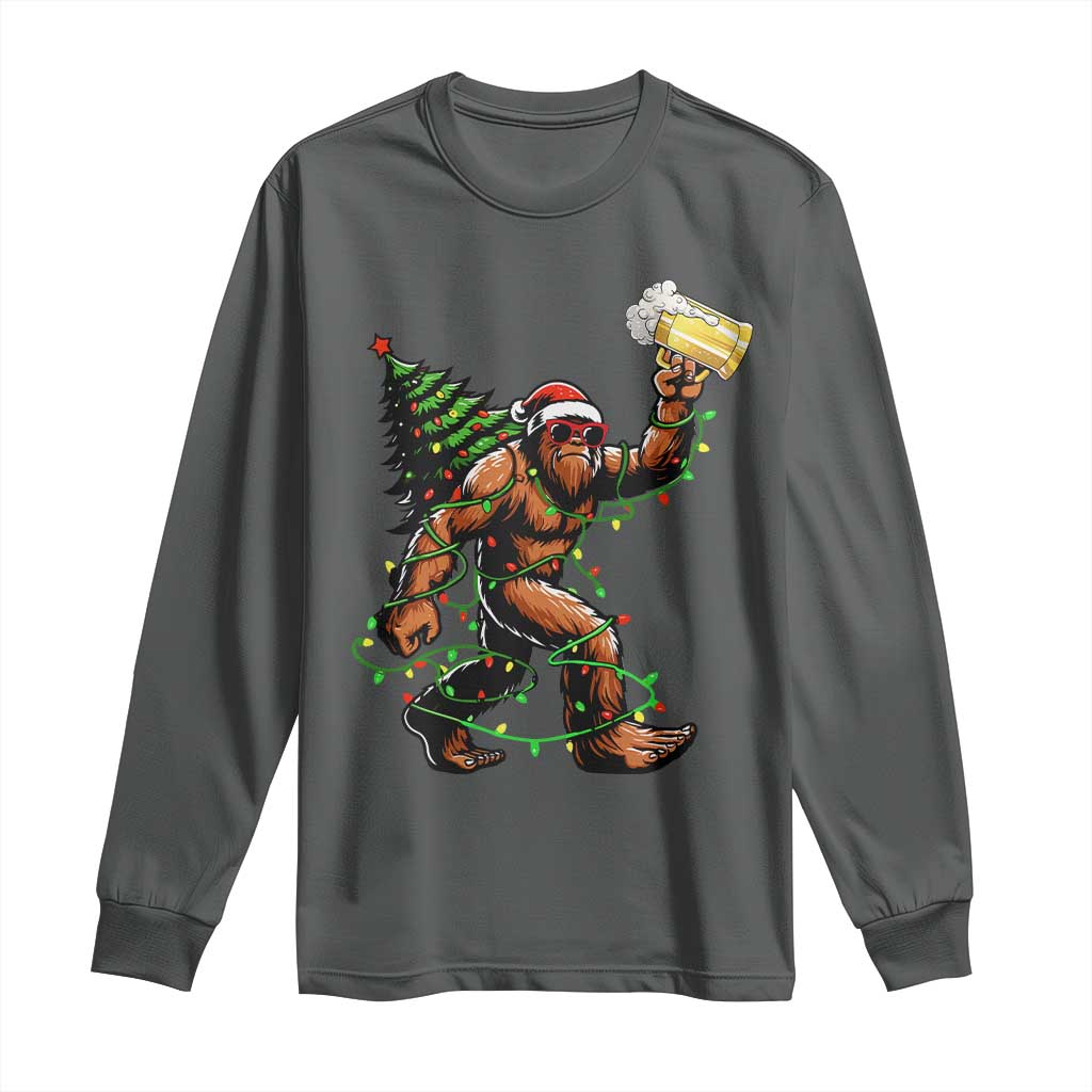 Santa Bigfoot Christmas Tree Long Sleeve Shirt Xmas Lights Funny Sasquatch Beer - Wonder Print Shop