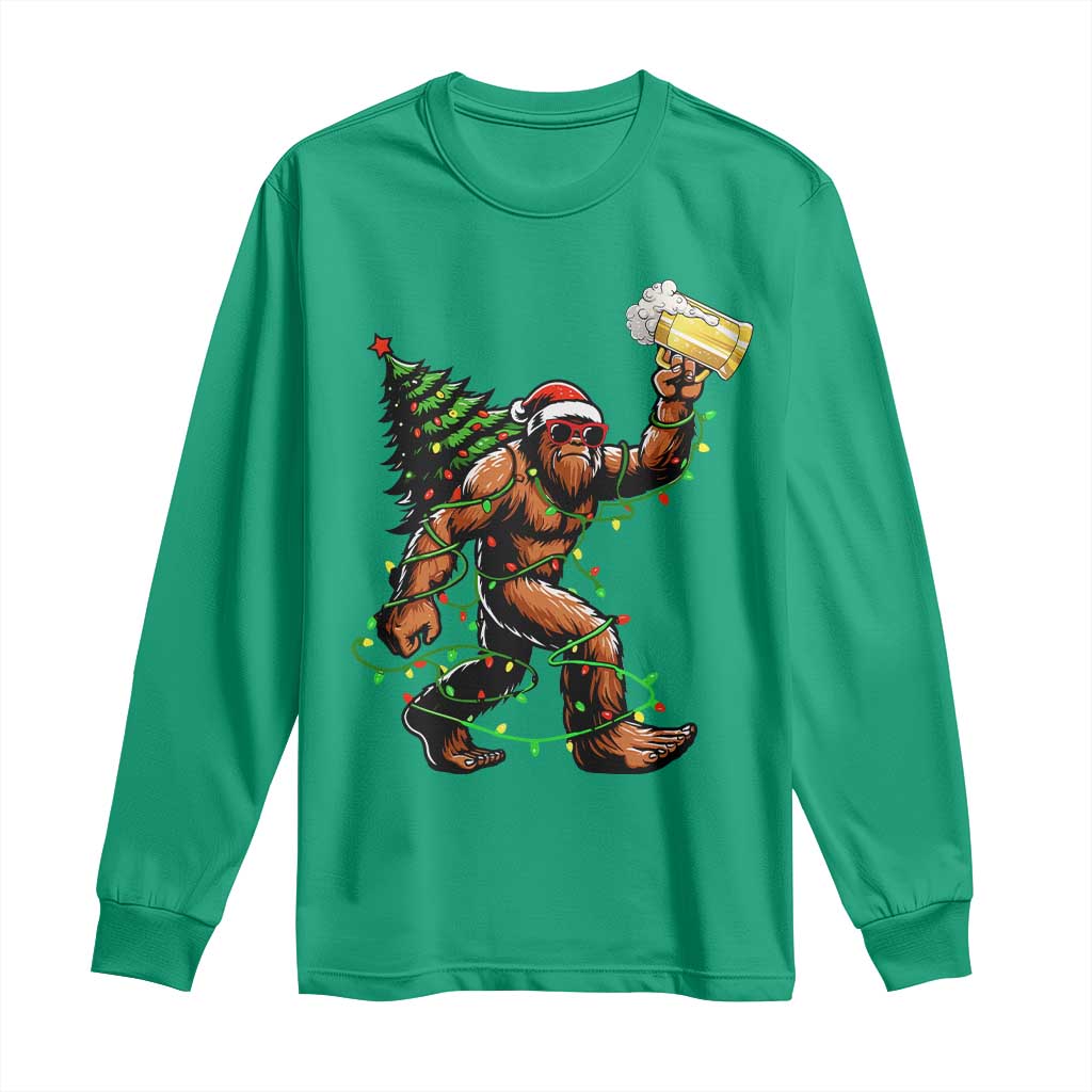 Santa Bigfoot Christmas Tree Long Sleeve Shirt Xmas Lights Funny Sasquatch Beer - Wonder Print Shop