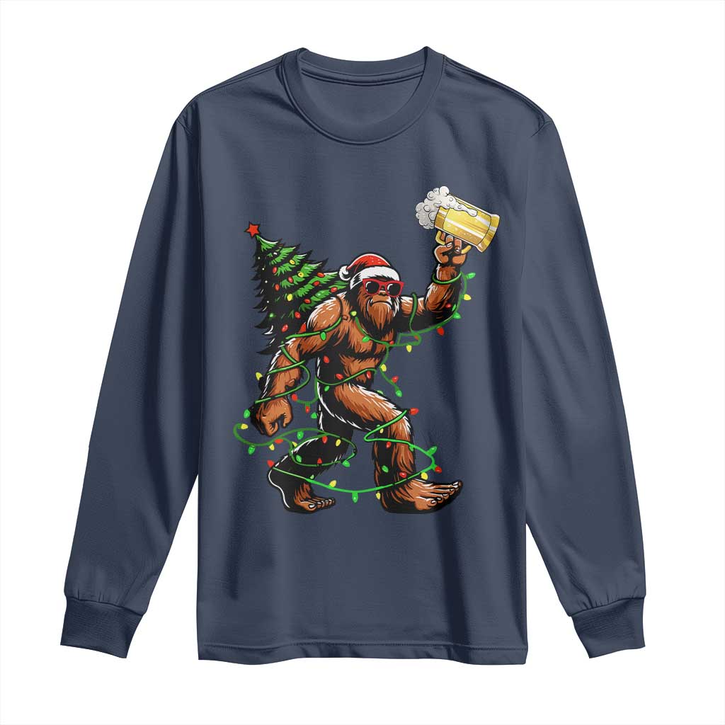 Santa Bigfoot Christmas Tree Long Sleeve Shirt Xmas Lights Funny Sasquatch Beer - Wonder Print Shop