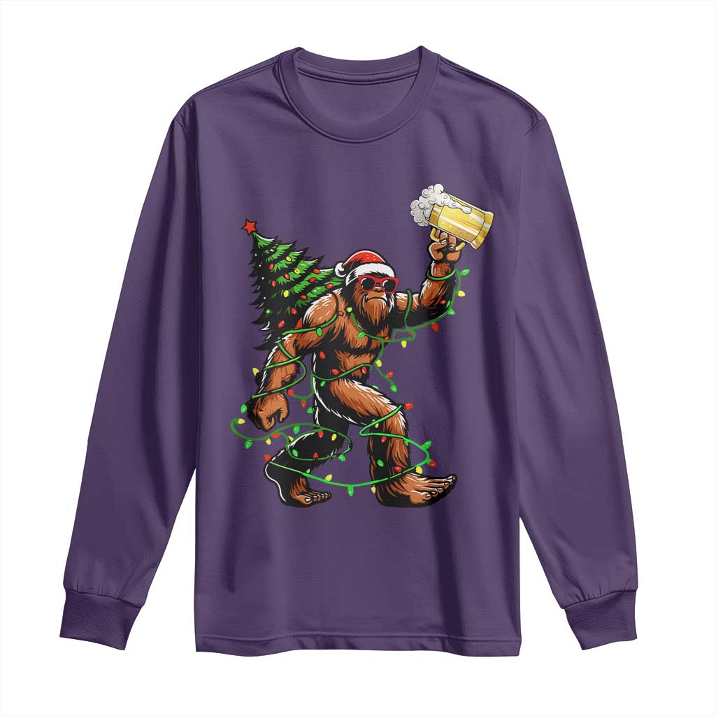 Santa Bigfoot Christmas Tree Long Sleeve Shirt Xmas Lights Funny Sasquatch Beer - Wonder Print Shop