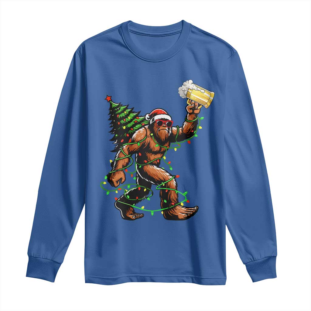 Santa Bigfoot Christmas Tree Long Sleeve Shirt Xmas Lights Funny Sasquatch Beer - Wonder Print Shop
