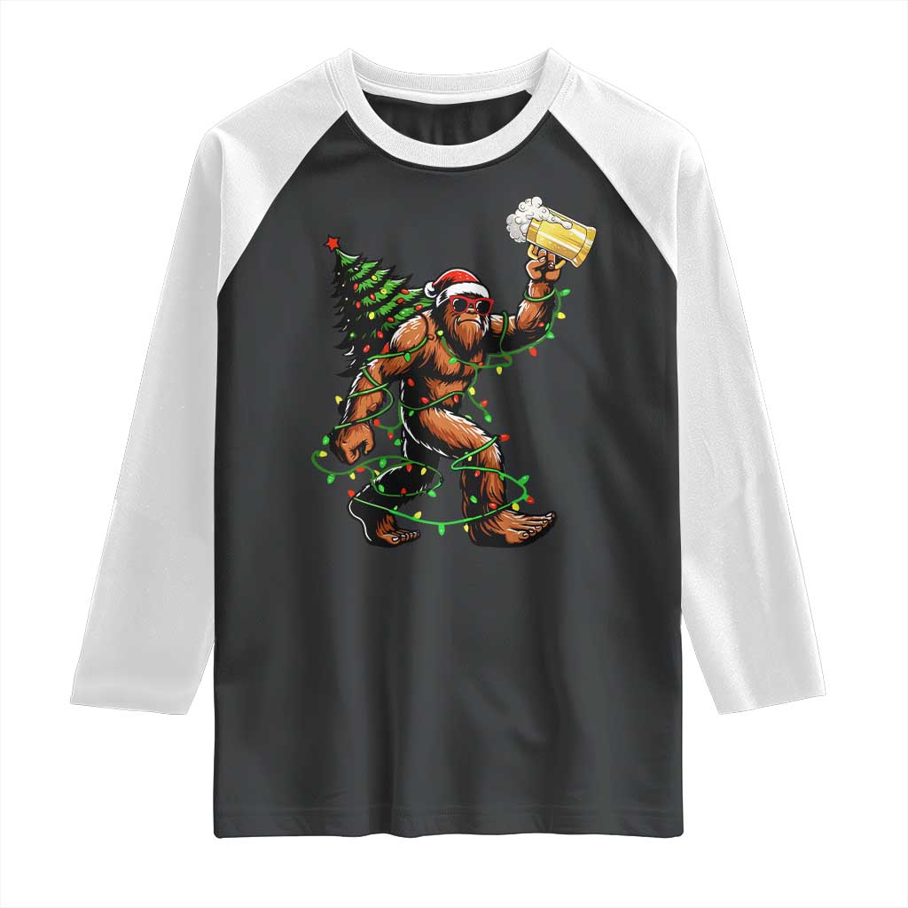 Santa Bigfoot Christmas Tree Raglan Shirt Xmas Lights Funny Sasquatch Beer - Wonder Print Shop