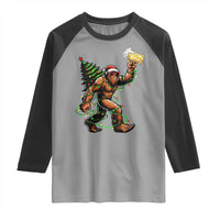 Santa Bigfoot Christmas Tree Raglan Shirt Xmas Lights Funny Sasquatch Beer - Wonder Print Shop