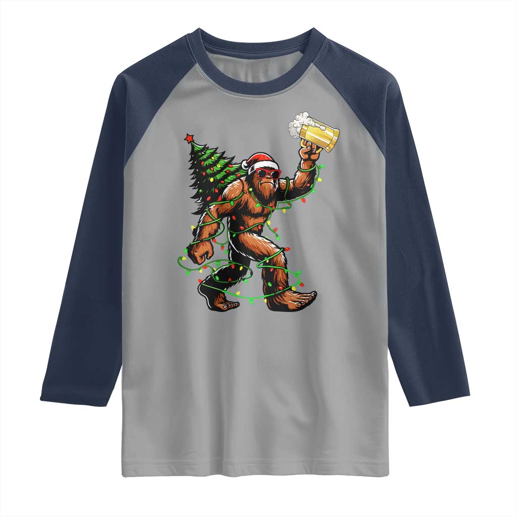 Santa Bigfoot Christmas Tree Raglan Shirt Xmas Lights Funny Sasquatch Beer - Wonder Print Shop