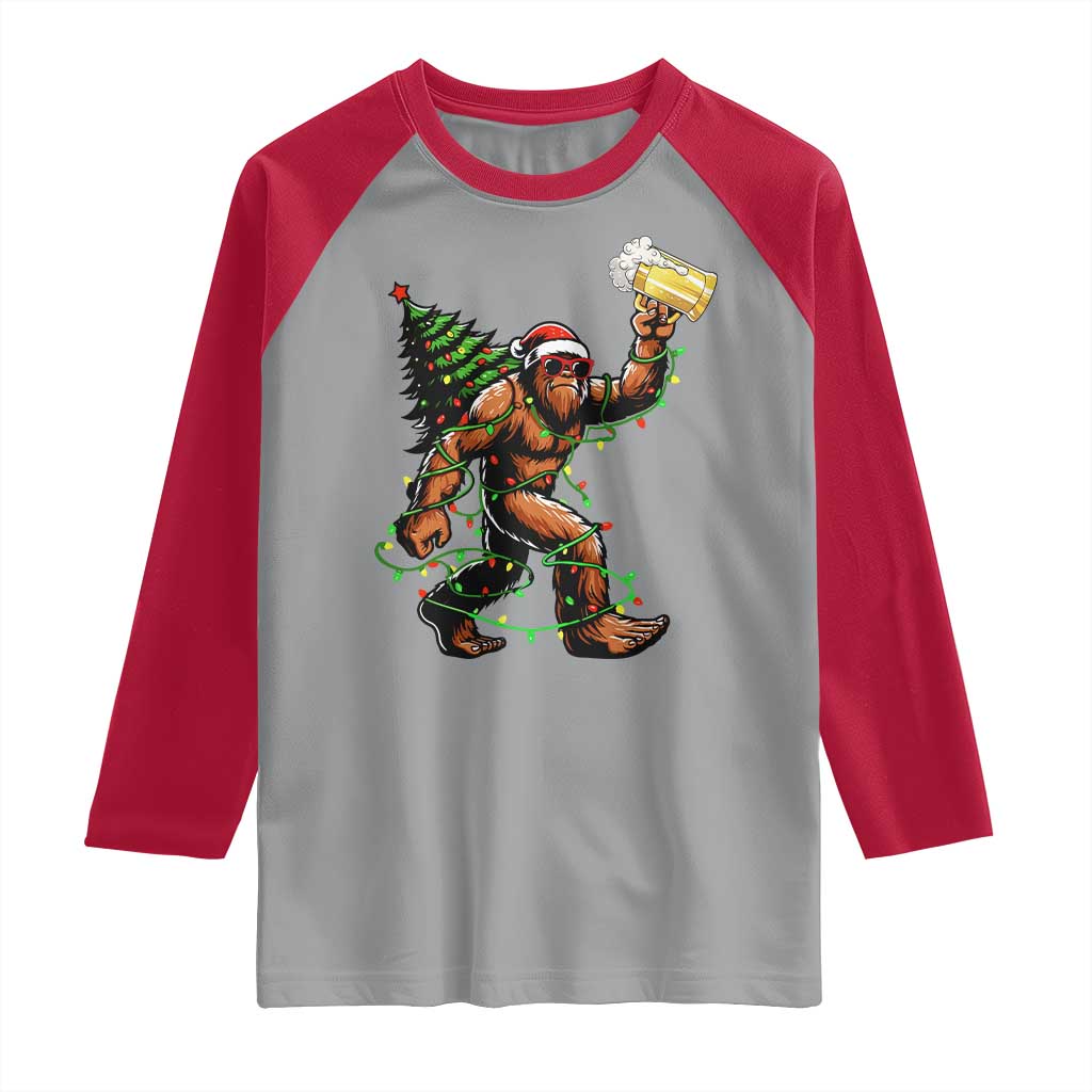 Santa Bigfoot Christmas Tree Raglan Shirt Xmas Lights Funny Sasquatch Beer - Wonder Print Shop