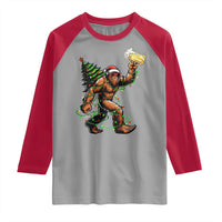 Santa Bigfoot Christmas Tree Raglan Shirt Xmas Lights Funny Sasquatch Beer - Wonder Print Shop