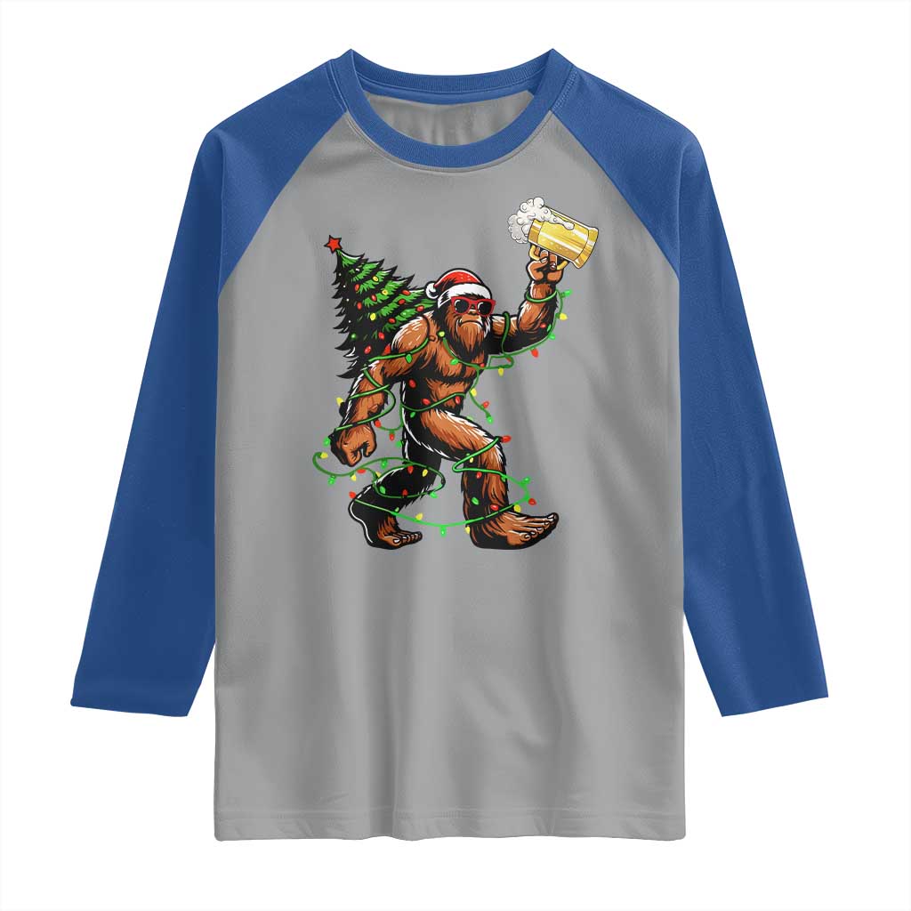 Santa Bigfoot Christmas Tree Raglan Shirt Xmas Lights Funny Sasquatch Beer - Wonder Print Shop
