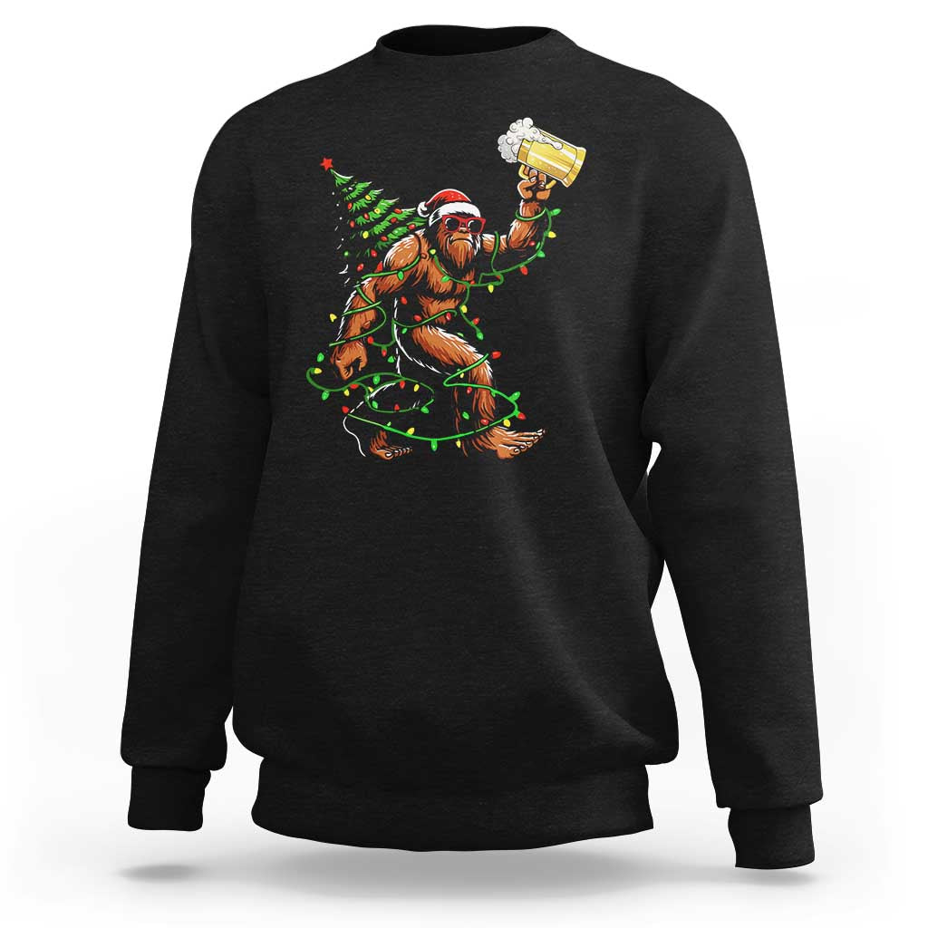 Santa Bigfoot Christmas Tree Sweatshirt Xmas Lights Funny Sasquatch Beer - Wonder Print Shop