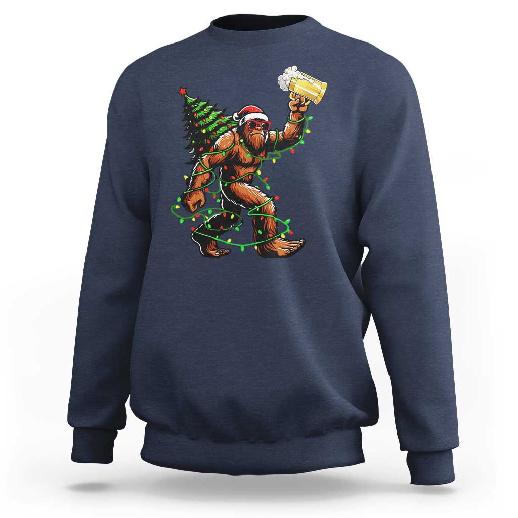 Santa Bigfoot Christmas Tree Sweatshirt Xmas Lights Funny Sasquatch Beer - Wonder Print Shop