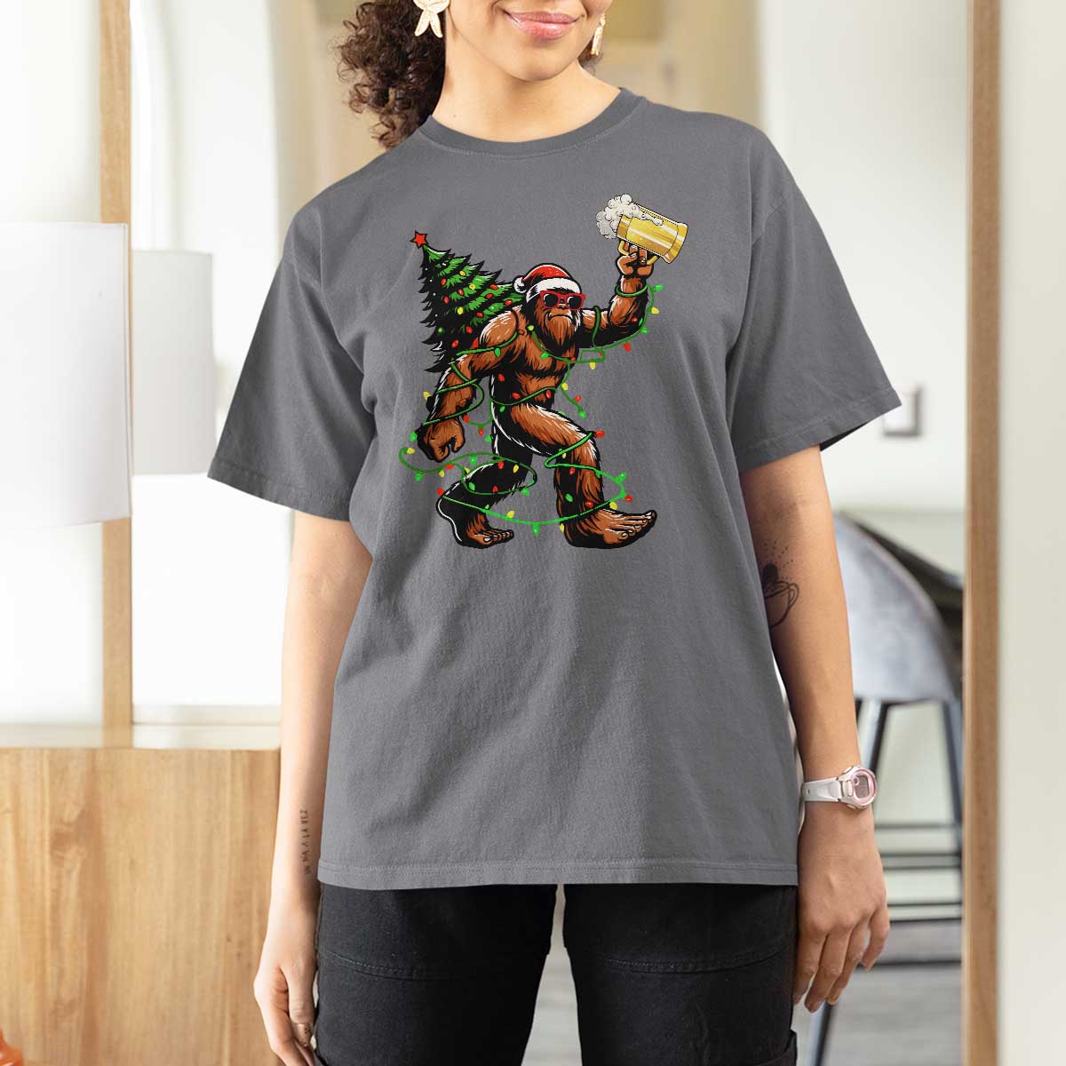 Santa Bigfoot Christmas Tree T Shirt For Women Xmas Lights Funny Sasquatch Beer - Wonder Print Shop