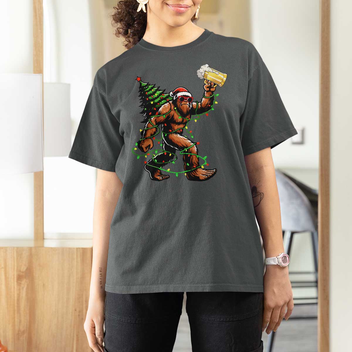 Santa Bigfoot Christmas Tree T Shirt For Women Xmas Lights Funny Sasquatch Beer - Wonder Print Shop