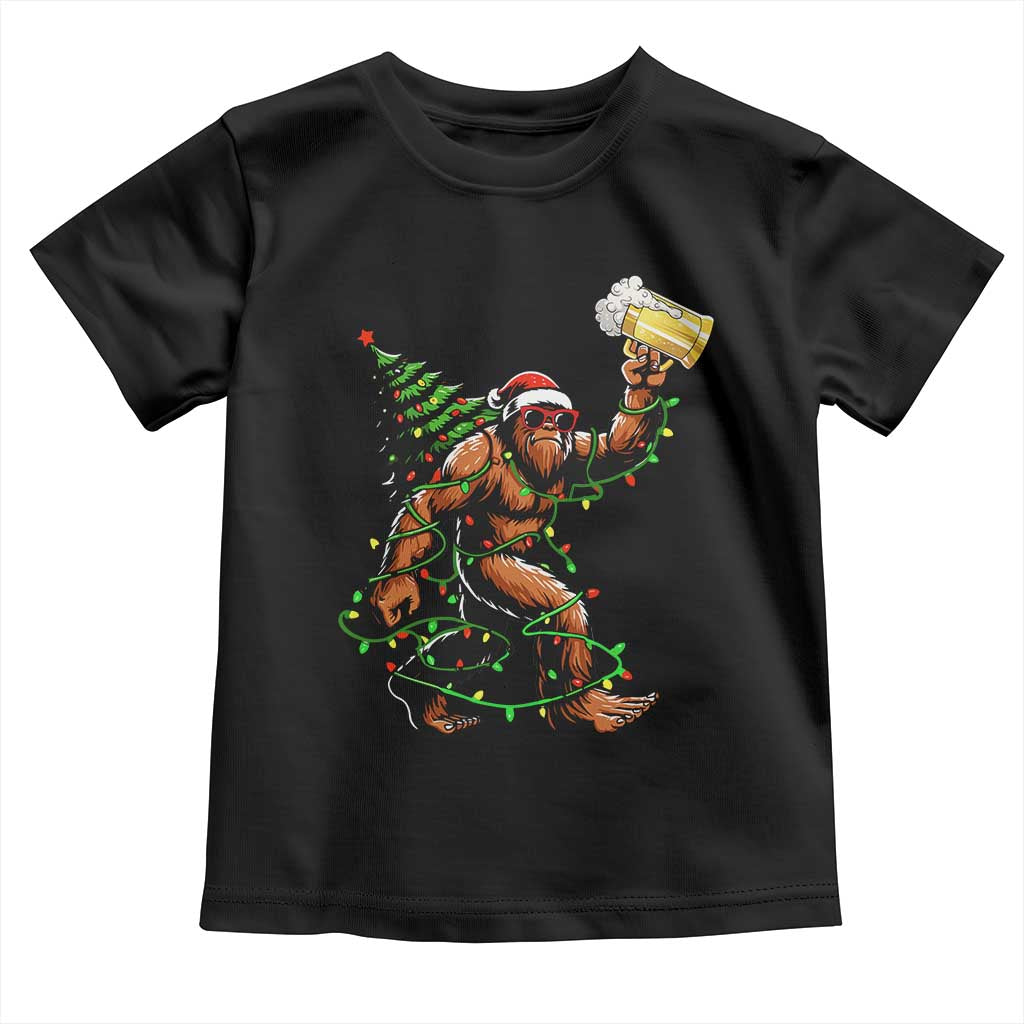 Santa Bigfoot Christmas Tree Toddler T Shirt Xmas Lights Funny Sasquatch Beer - Wonder Print Shop